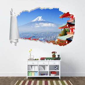 Mont Fuji Japon 3D trou de papier déchiré autocollant mural effet déchiré