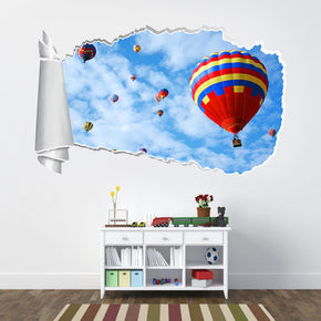 Hot Air Balloon Ride 3D Torn Paper Hole Ripped Effect Decal Wall Sticker