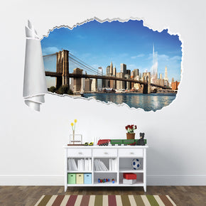 Brooklyn Bridge New York Skyline 3D Torn Paper Hole Ripped Effect Decal Wall Sticker