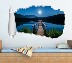 Lost Lake Moon Water Bridge 3D Torn Paper Hole Ripped Effect Decal Wall Sticker
