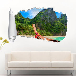 Thailand Exotic Beach Island 3D Torn Paper Hole Ripped Effect Decal Wall Sticker