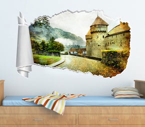 Fantasy Castle Road 3D Torn Paper Hole Ripped Effect Autocollant mural décalcomanies