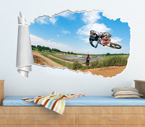 Motocross Bike Motorcycle 3D Torn Paper Hole Ripped Effect Decal Wall Sticker