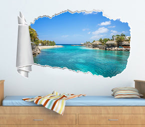 Exotic Beach Resort 3D Torn Paper Hole Ripped Effect Decal Wall Sticker
