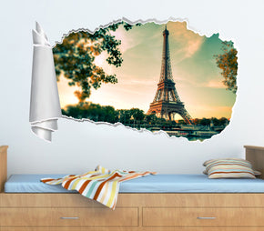 Paris Eiffel Tower 3D Torn Paper Hole Ripped Effect Decal Wall Sticker