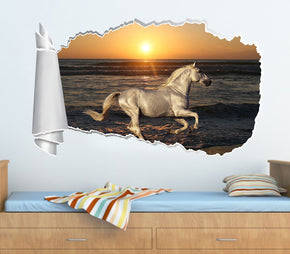 White Horse Beach Sunset 3D Torn Paper Hole Ripped Effect Decal Wall Sticker
