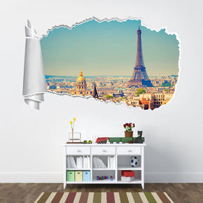 Paris Eiffel Tower 3D Torn Paper Hole Ripped Effect Decal Wall Sticker