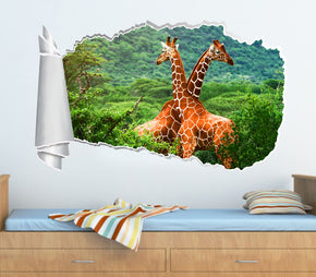 Giraffes 3D Torn Paper Hole Ripped Effect Autocollant mur décalcomanique