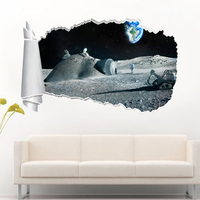 Astronaut On Moon Space 3D Torn Paper Hole Ripped Effect Decal Wall Sticker
