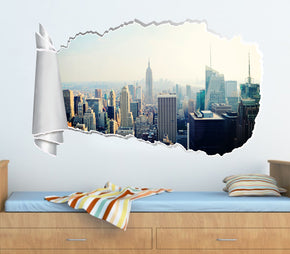 New York Skyline Manhattan 3D Torn Paper Hole Ripped Effect Decal Wall Sticker