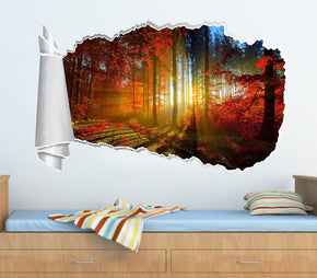 Arbres de la forêt rouge 3D trou de papier déchiré autocollant mural effet déchiré