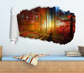 Red Forest Trees 3D Torn Paper Hole Ripped Effect Decal Wall Sticker
