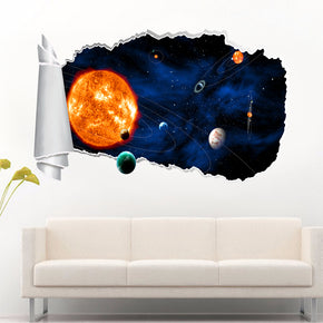 Space Planets Sun Stars 3D Torn Paper Hole Ripped Effect Autocollant mural décalcomanique