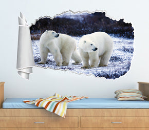 White Polar Bears 3D Torn Paper Hole Ripped Effect Decal Wall Sticker