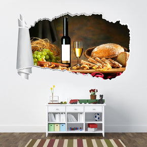 White Wine Dinner 3D Torn Paper Hole Ripped Effect Decal Wall Sticker