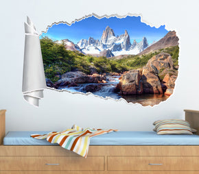 Patagonia Mountain River 3D trou de papier déchiré autocollant mural effet déchiré
